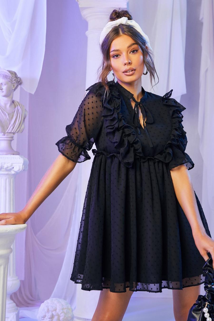 שחור שמלה מבד שיפון בסגנון דובי עם עיטור מסולסל וקשירה בחזית image number 1