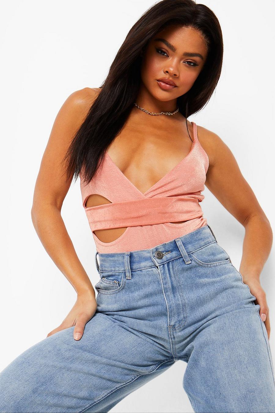 Peach Plunge Cut Out Textured Slinky Bodysuit image number 1