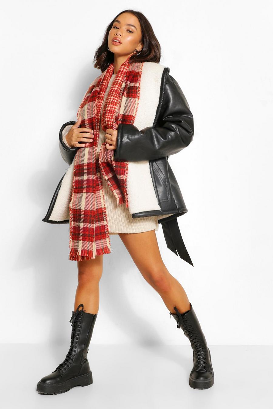 Red Checked Reverse Fringe Edge Scarf image number 1