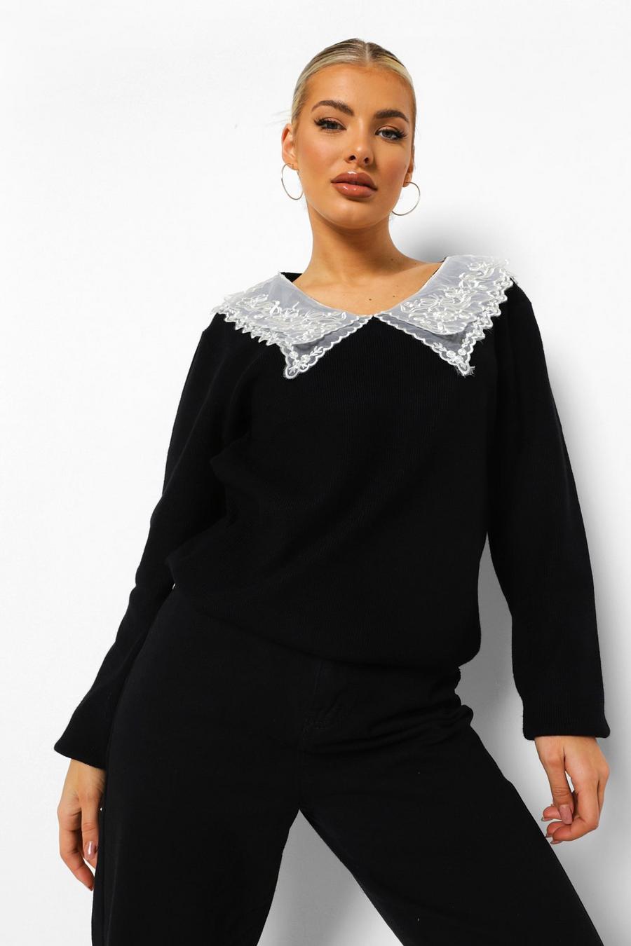 Black Lace Collar Rib Knitted Jumper image number 1