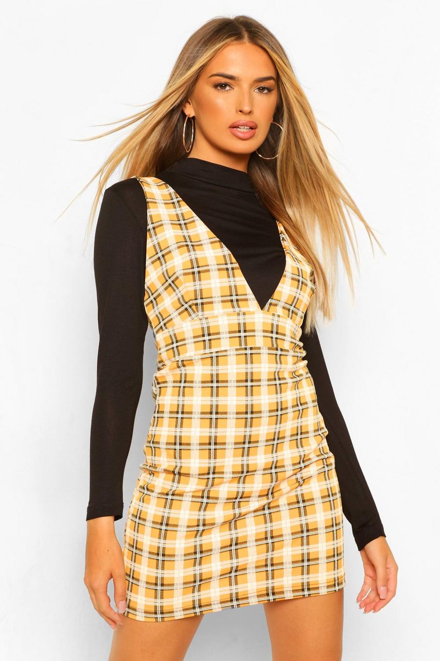 Mustard Long Sleeve 2 In 1 Check Pinafore Dress image number 1