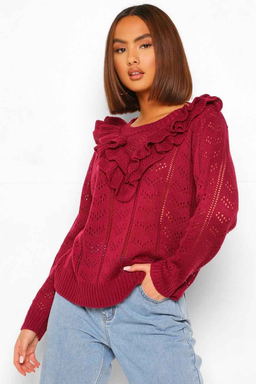 Berry Pointelle Ruffle Yoke Sweater image number 1