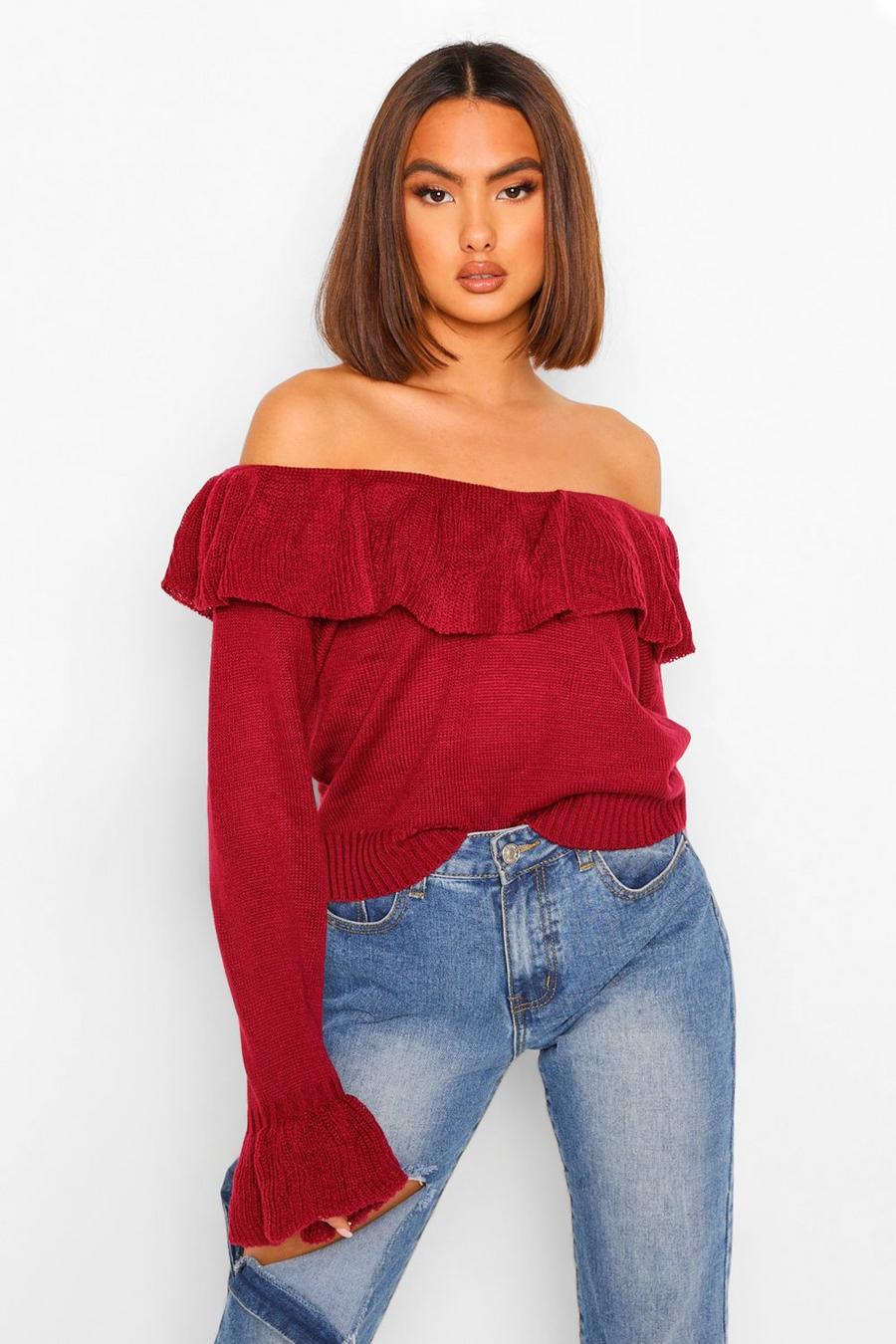 Berry Fine Gauge Ruffle Off The Shoulder Sweater image number 1