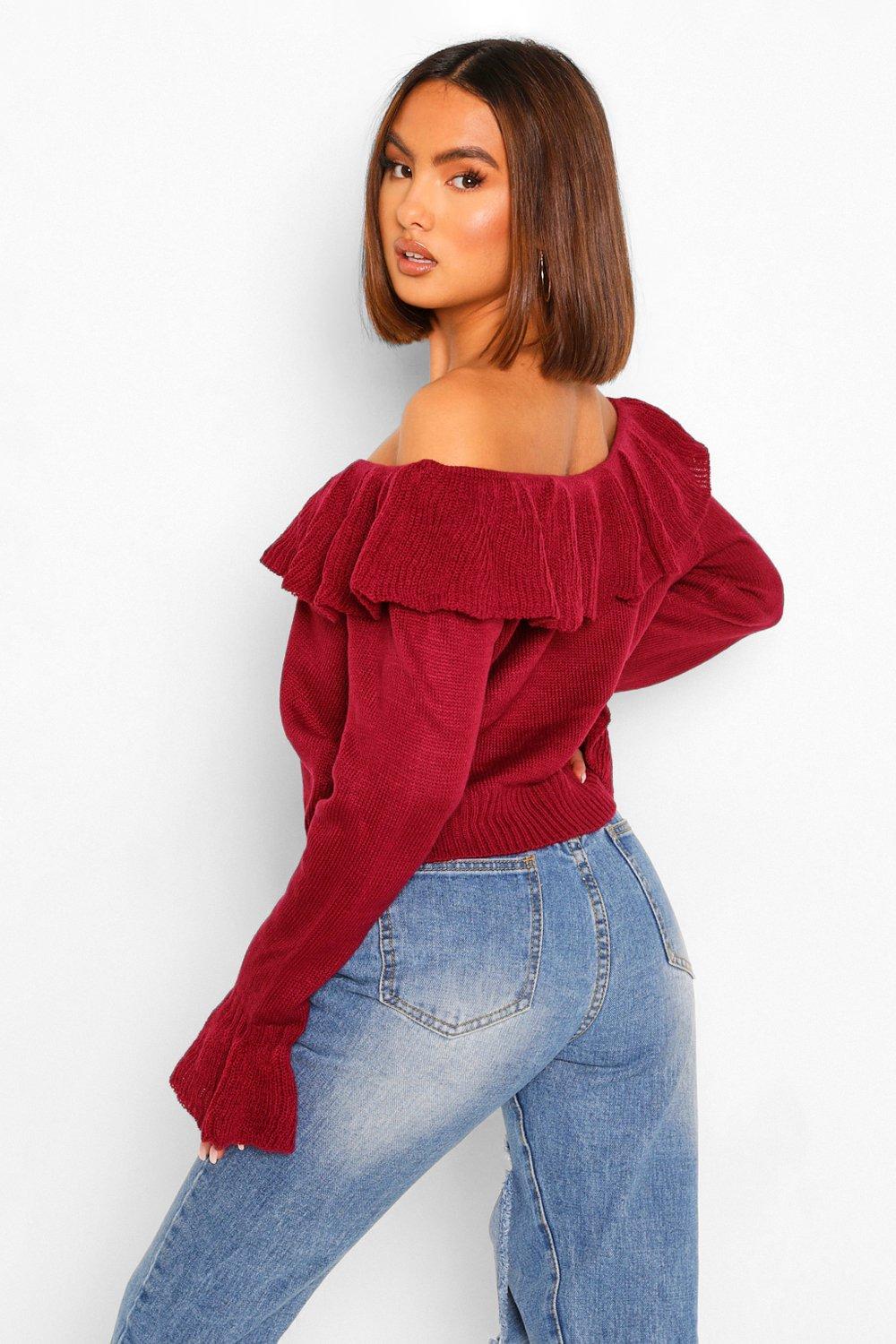 Women s Fine Gauge Ruffle Off The Shoulder Jumper Boohoo UK