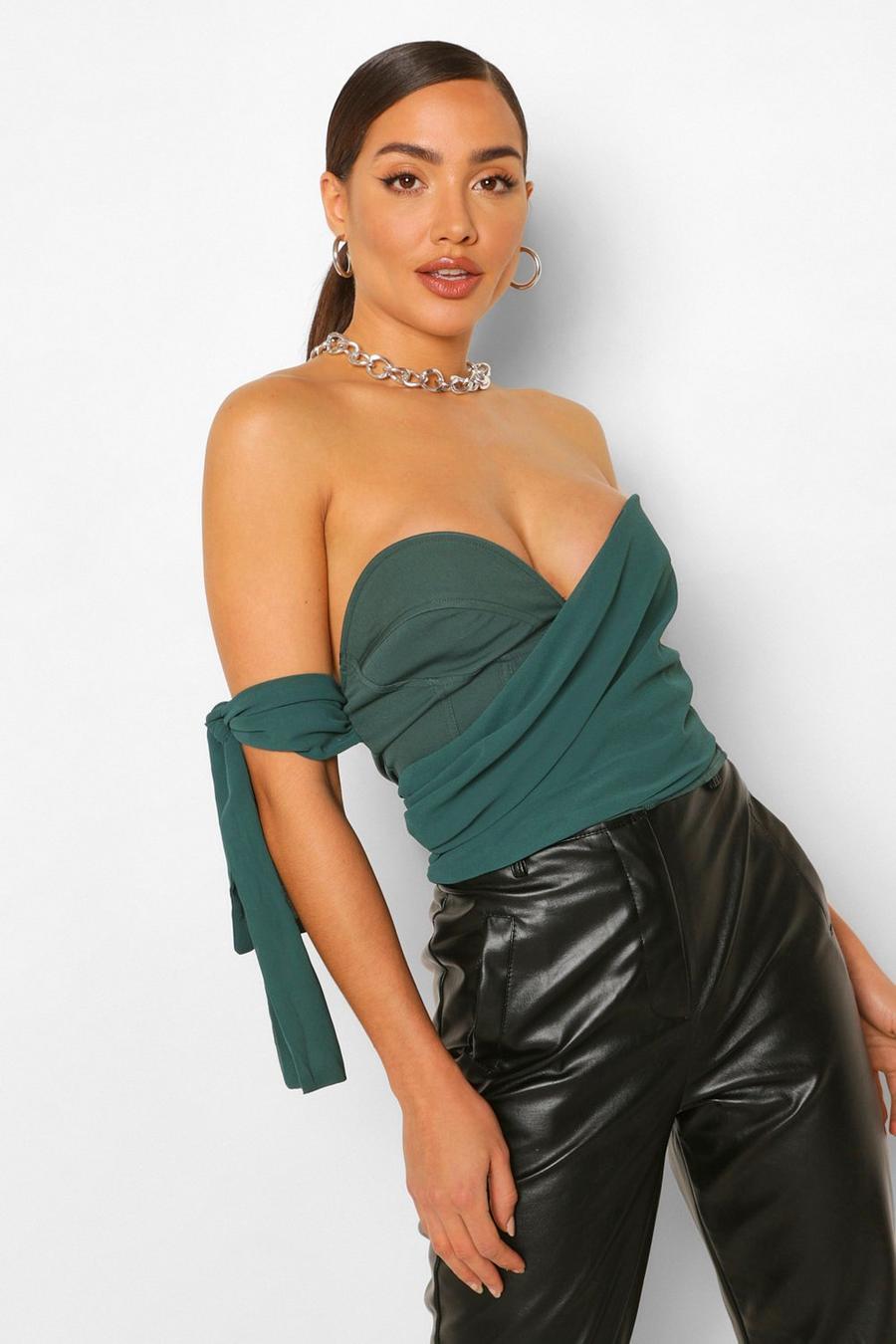 Teal Chiffon Ruched Draped Sleeve Corset Top image number 1