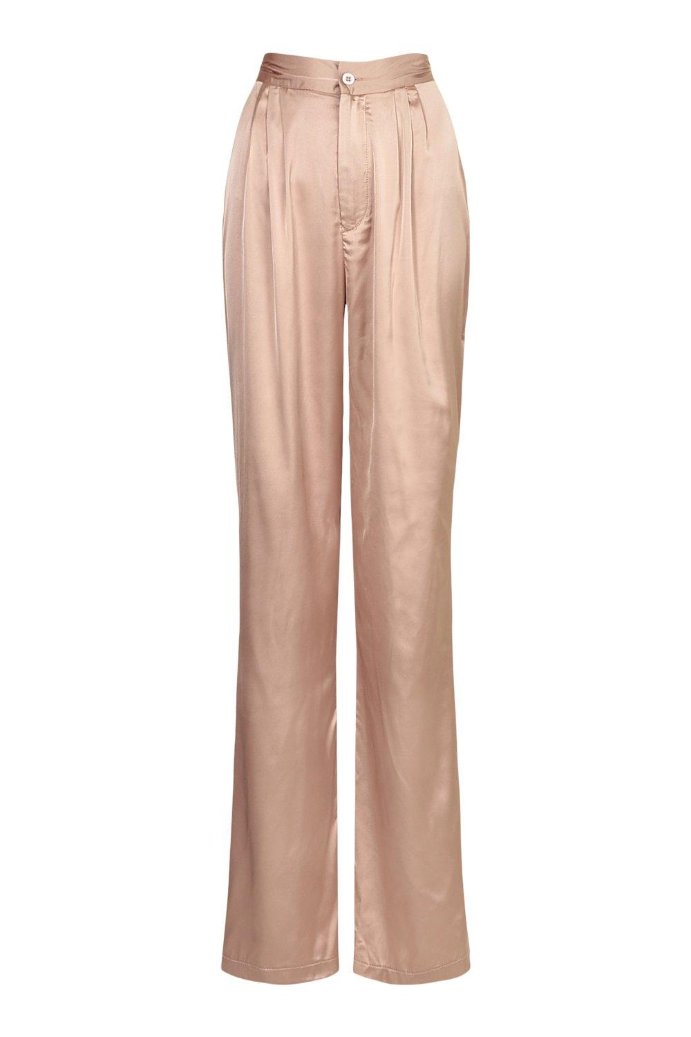 Beige High Waisted Wide Leg Satin Pants