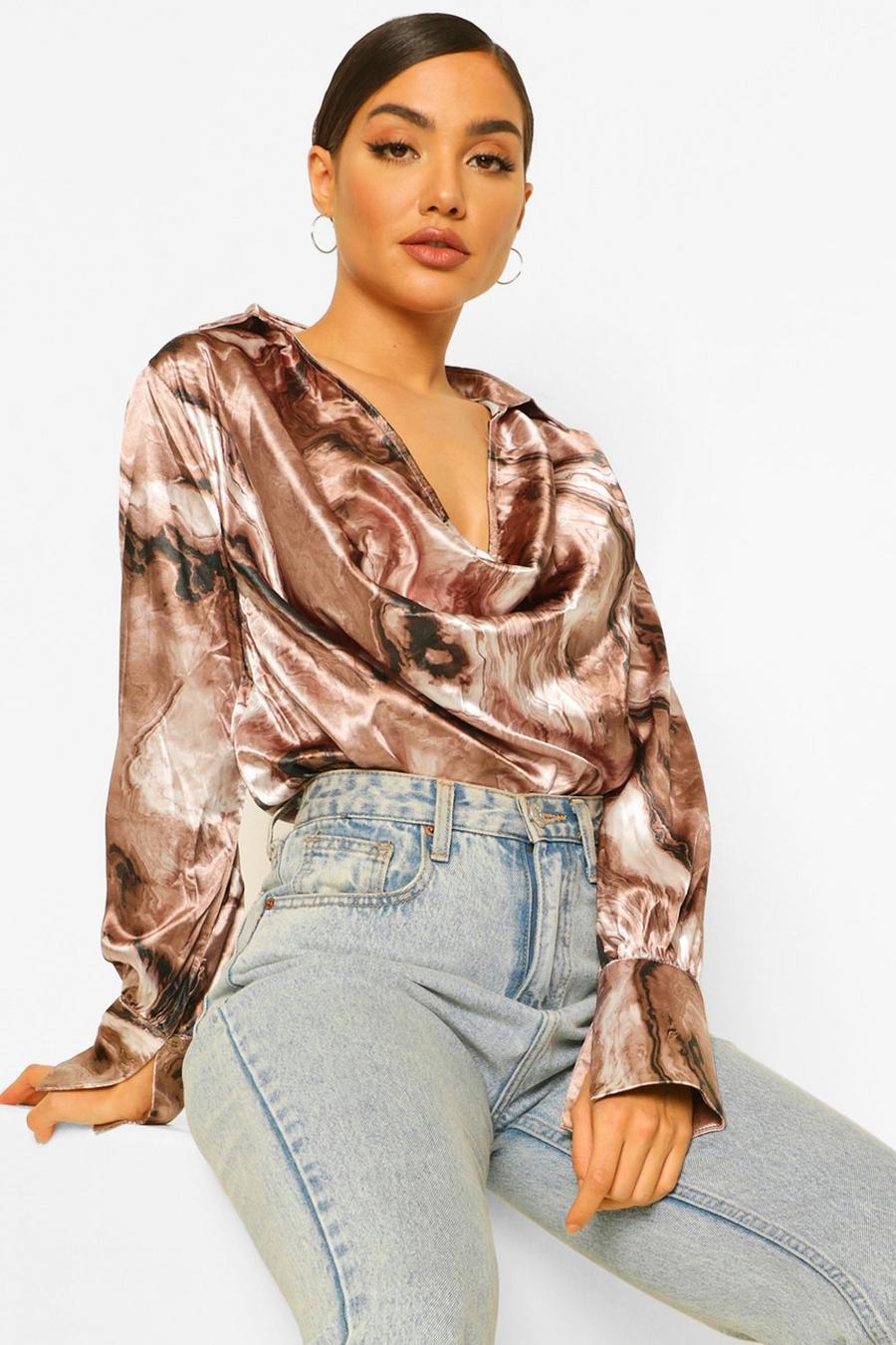Brown Marble Print Satin Cowl Neck Blouse image number 1