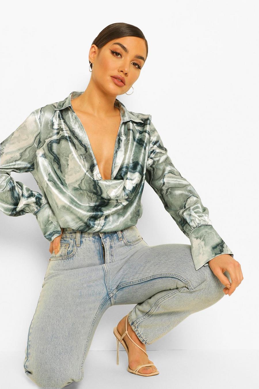 Green Marble Print Satin Cowl Neck Blouse image number 1