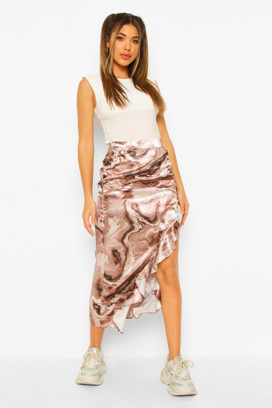 Marble Print Satin Frill Split Midi Skirt, Brown image number 1