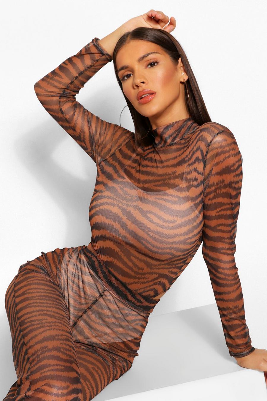 Tan Tiger Print Mesh High Neck Bodysuit image number 1