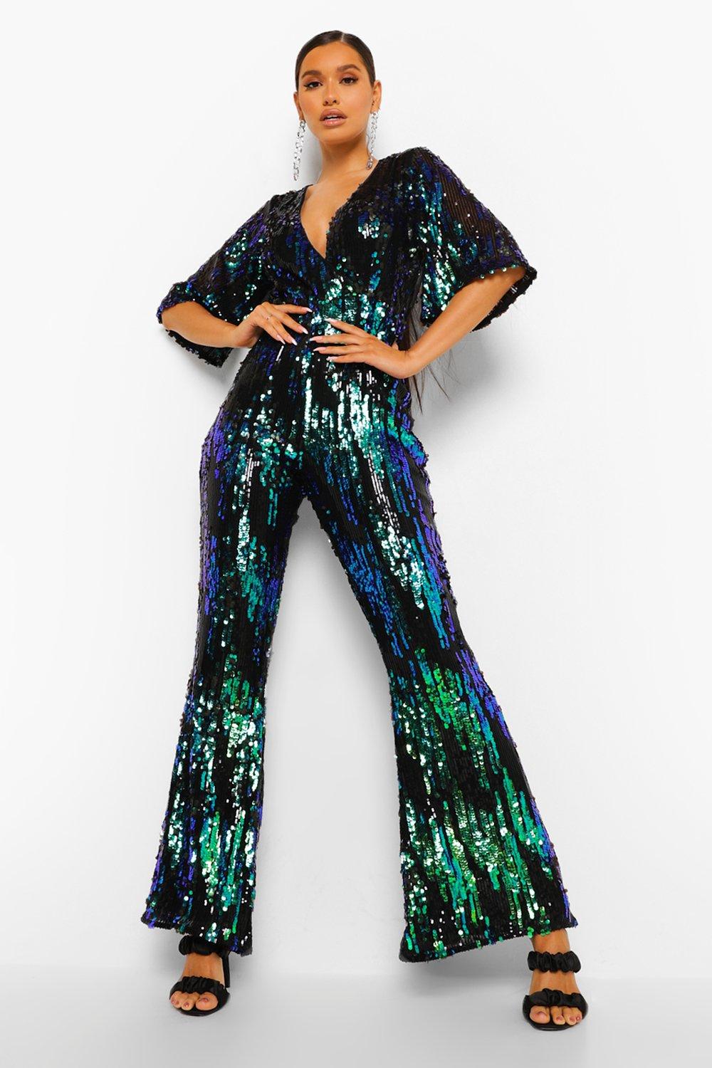 Plus Size Sequin V-Neck Flared Jumpsuit