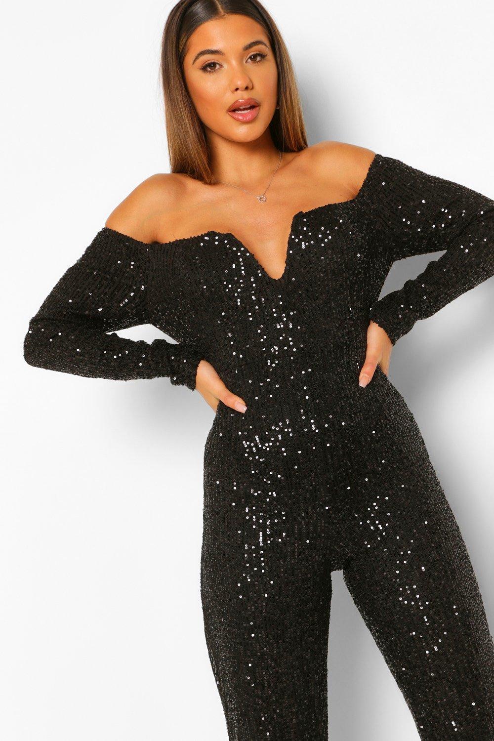 Sequin off cheap the shoulder jumpsuit