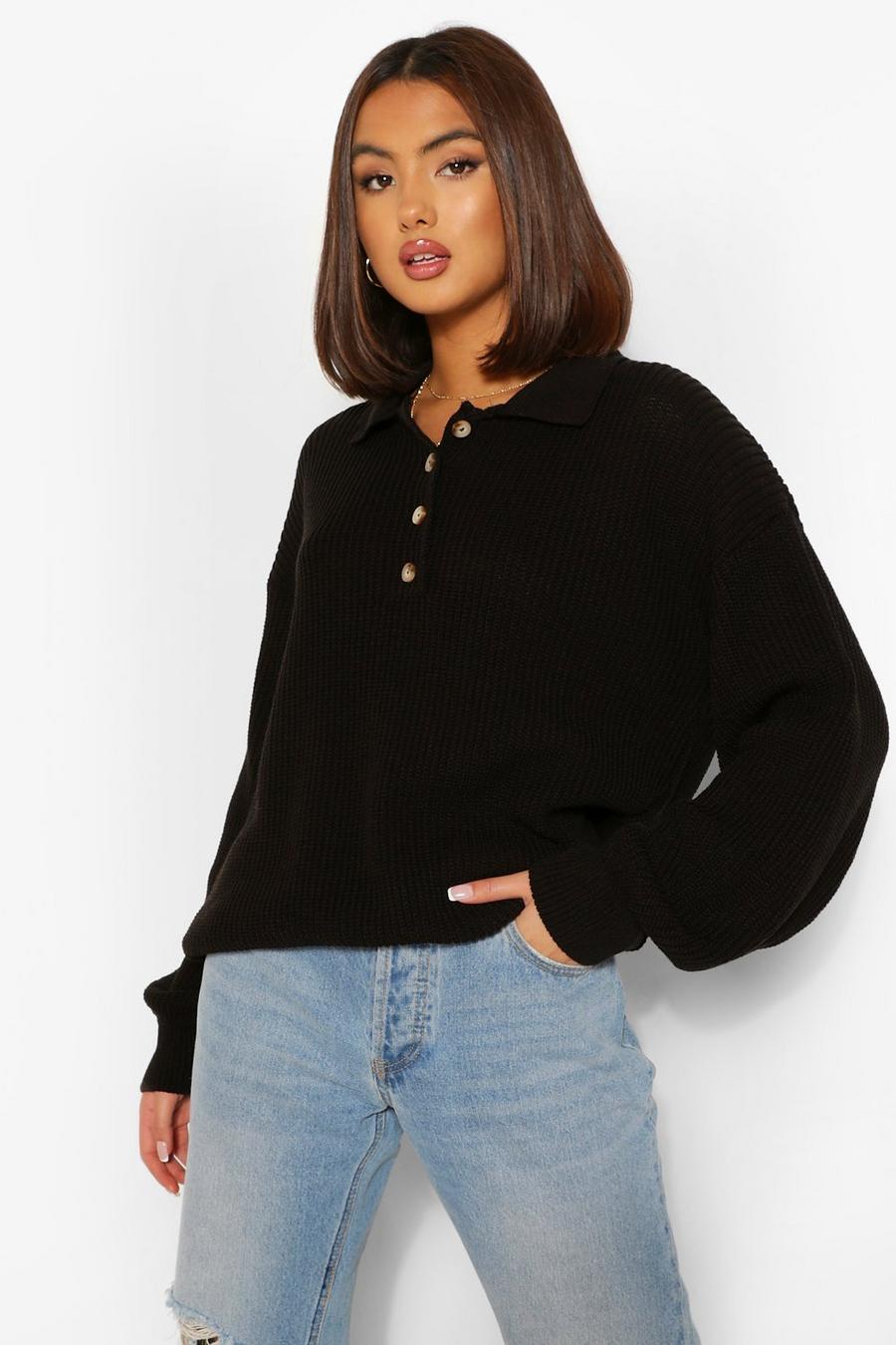 Black Balloon Sleeve Polo Collar Oversize Sweater image number 1