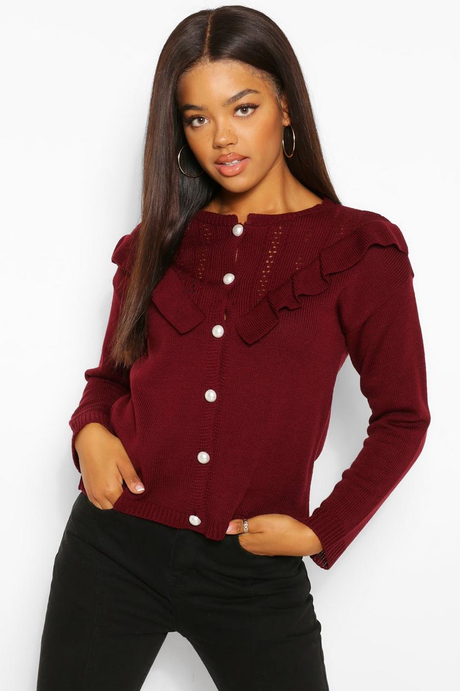 Berry Pearl Button Ruffle Detail Cardigan image number 1