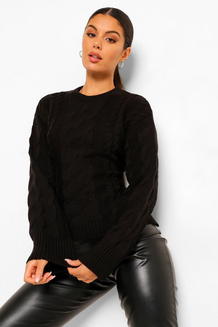 Black Lace Up Back Cable Knitted Jumper image number 1