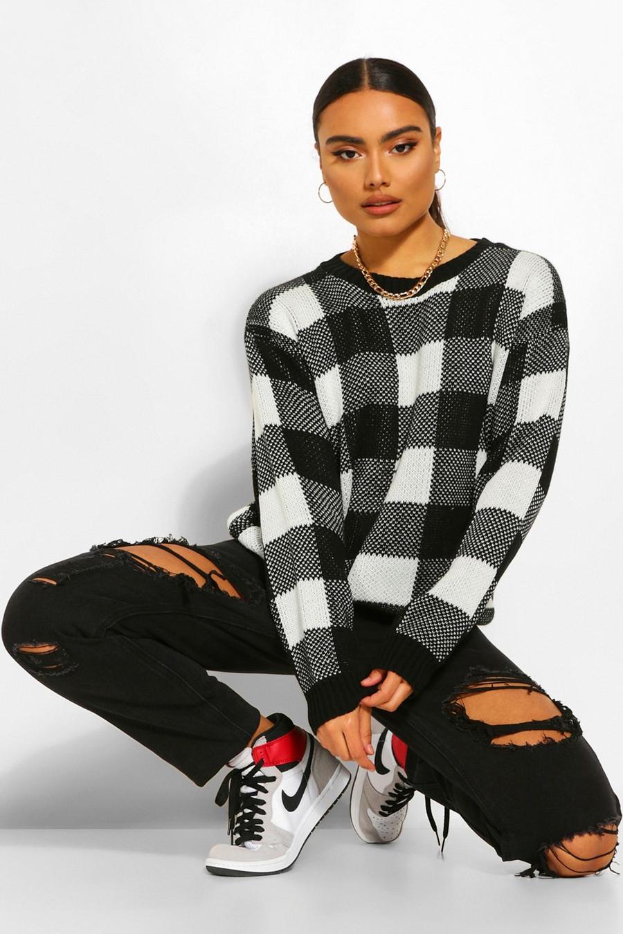 Black Crew Neck Check Sweater image number 1