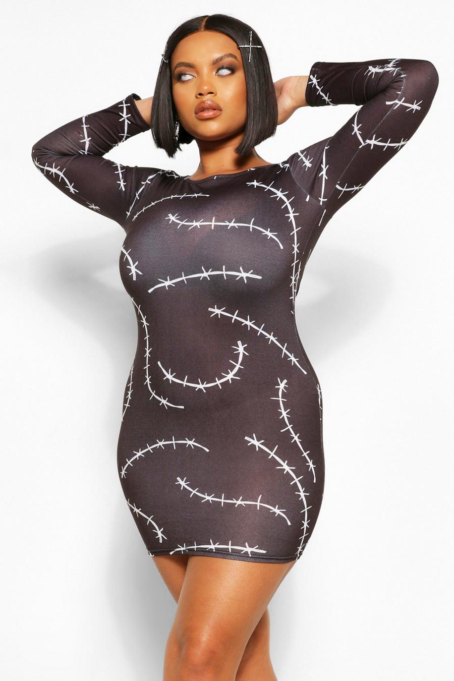 Black Wire Print Long Sleeve Bodycon Dress image number 1