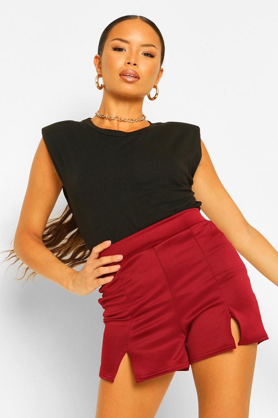 Berry red High Waist Split Front Tailored Shorts image number 1