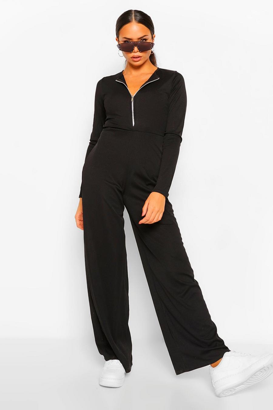 Black Ribbed Zip Through Wide Leg Jumpsuit image number 1