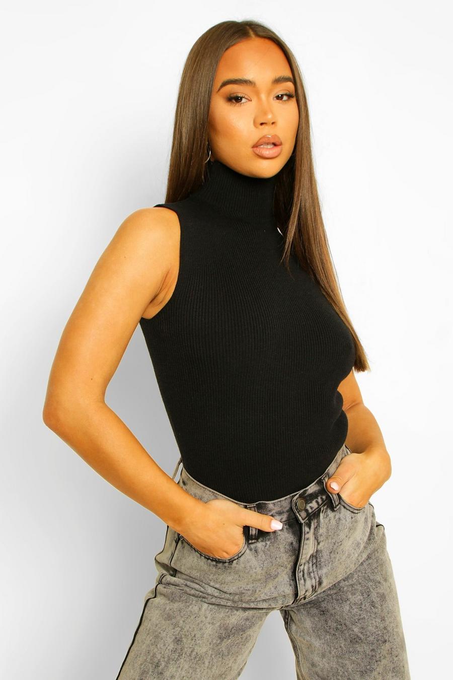 Black Sleeveless Roll Neck Rib Knit Top image number 1