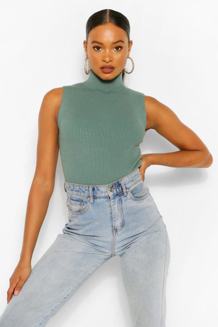 Teal Sleeveless Roll Neck Rib Knit Top image number 1