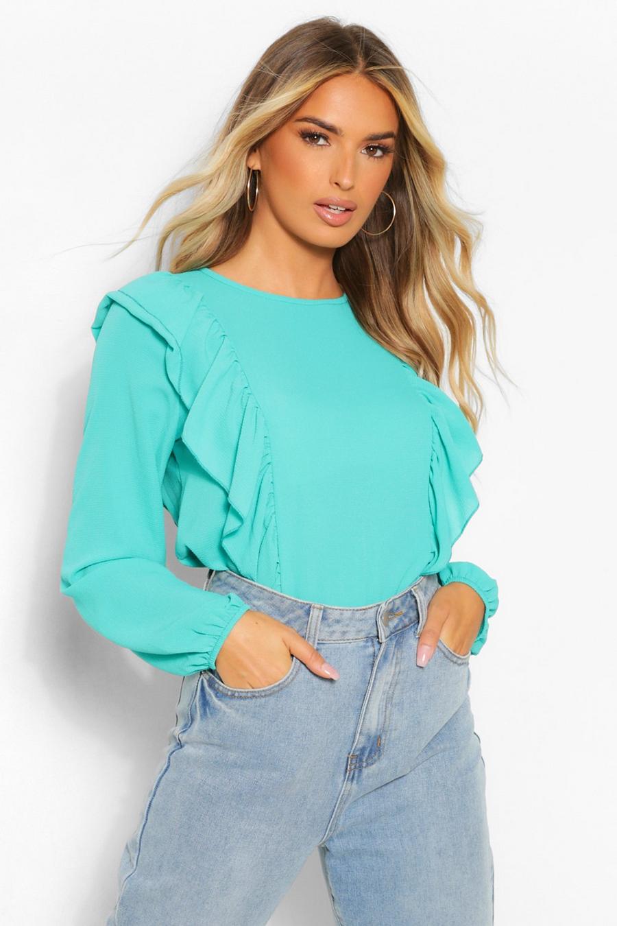 Teal Woven Ruffle Balloon Sleeve Blouse image number 1