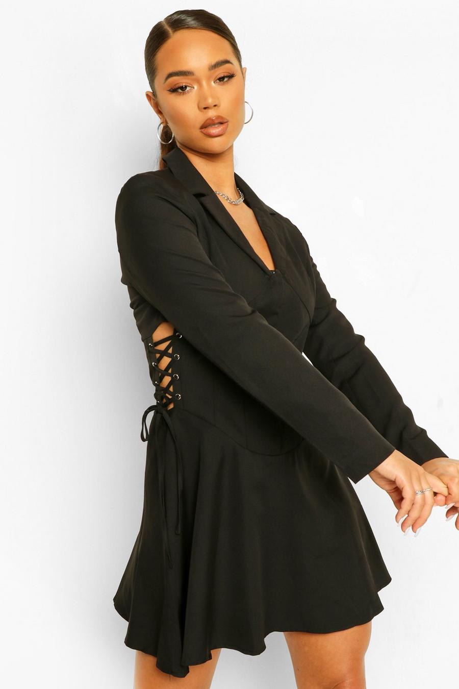 Black Lace Up Corset Waist Blazer Dress image number 1