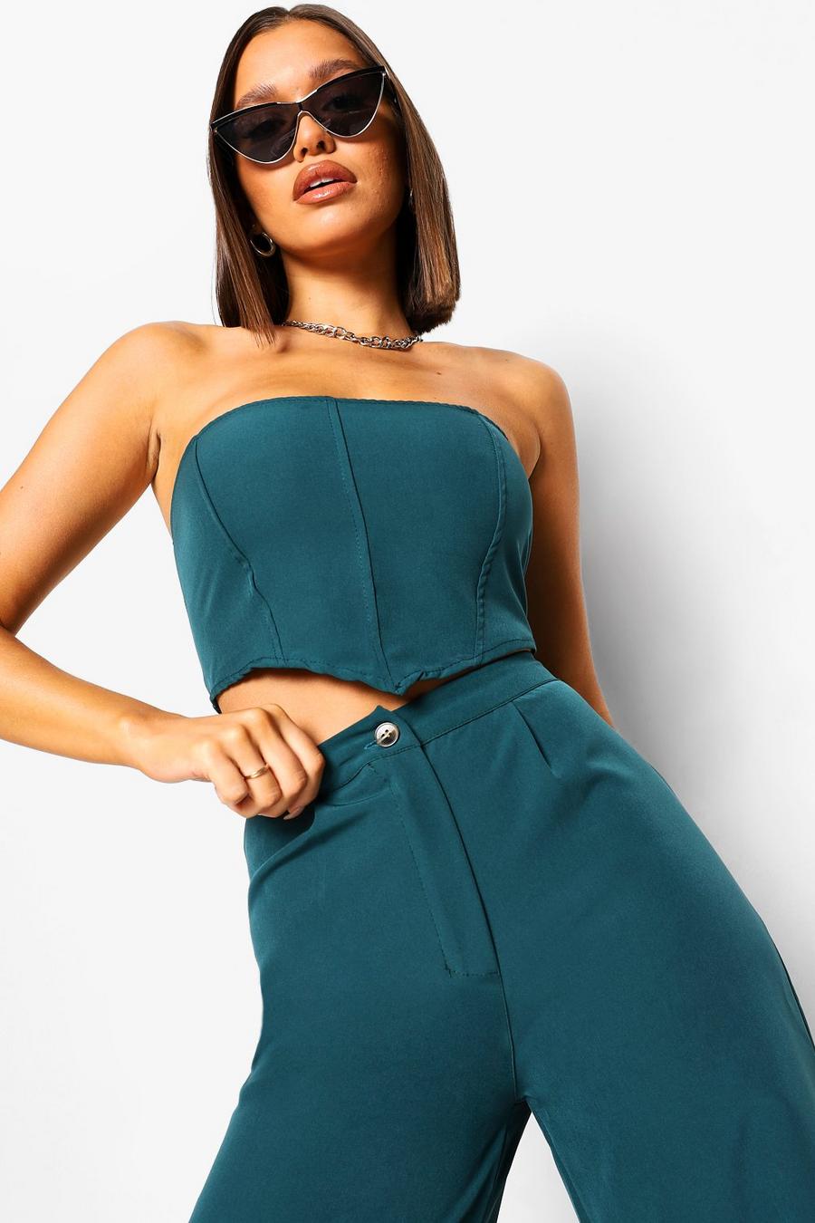 Teal Green Tailored Bandeau Crop Top image number 1