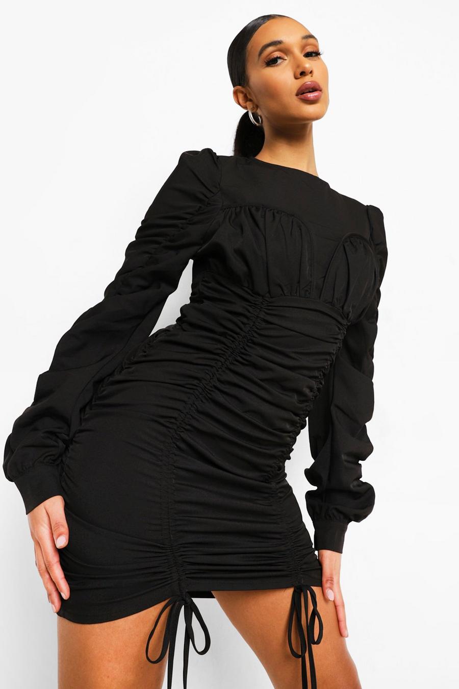 שחור שמלת מיני עם עיטורי קפלים בחזה image number 1