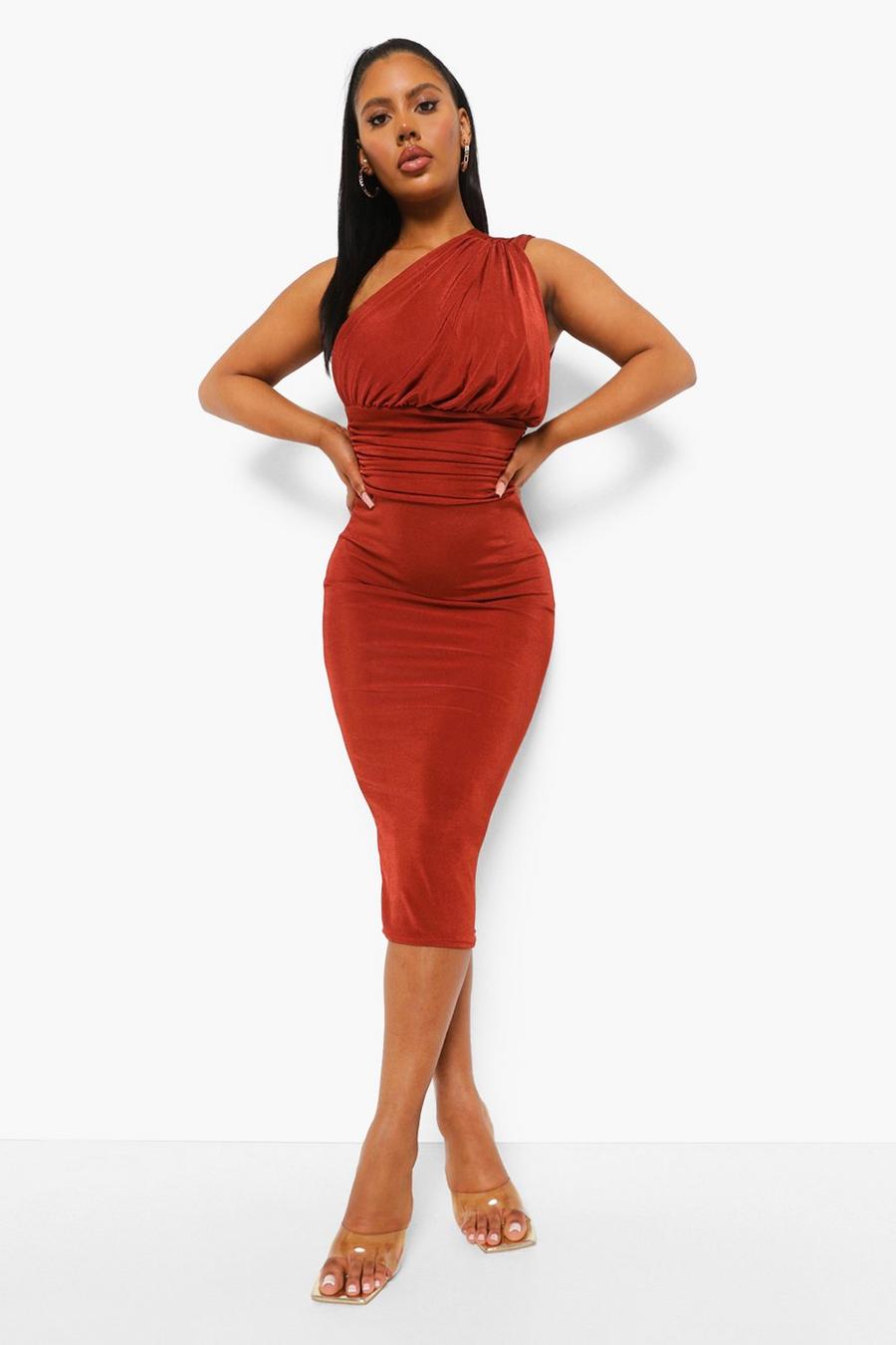Rust Rouched One Shoulder Midaxi Dress image number 1