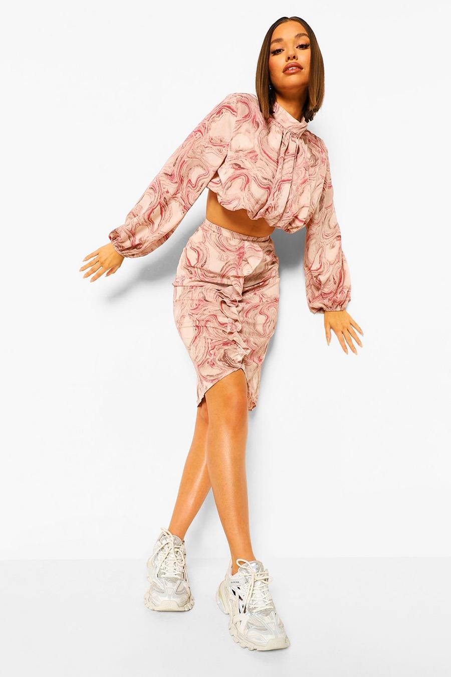 Pink Marble Print Ruffle Detail Chiffon Midi Skirt image number 1