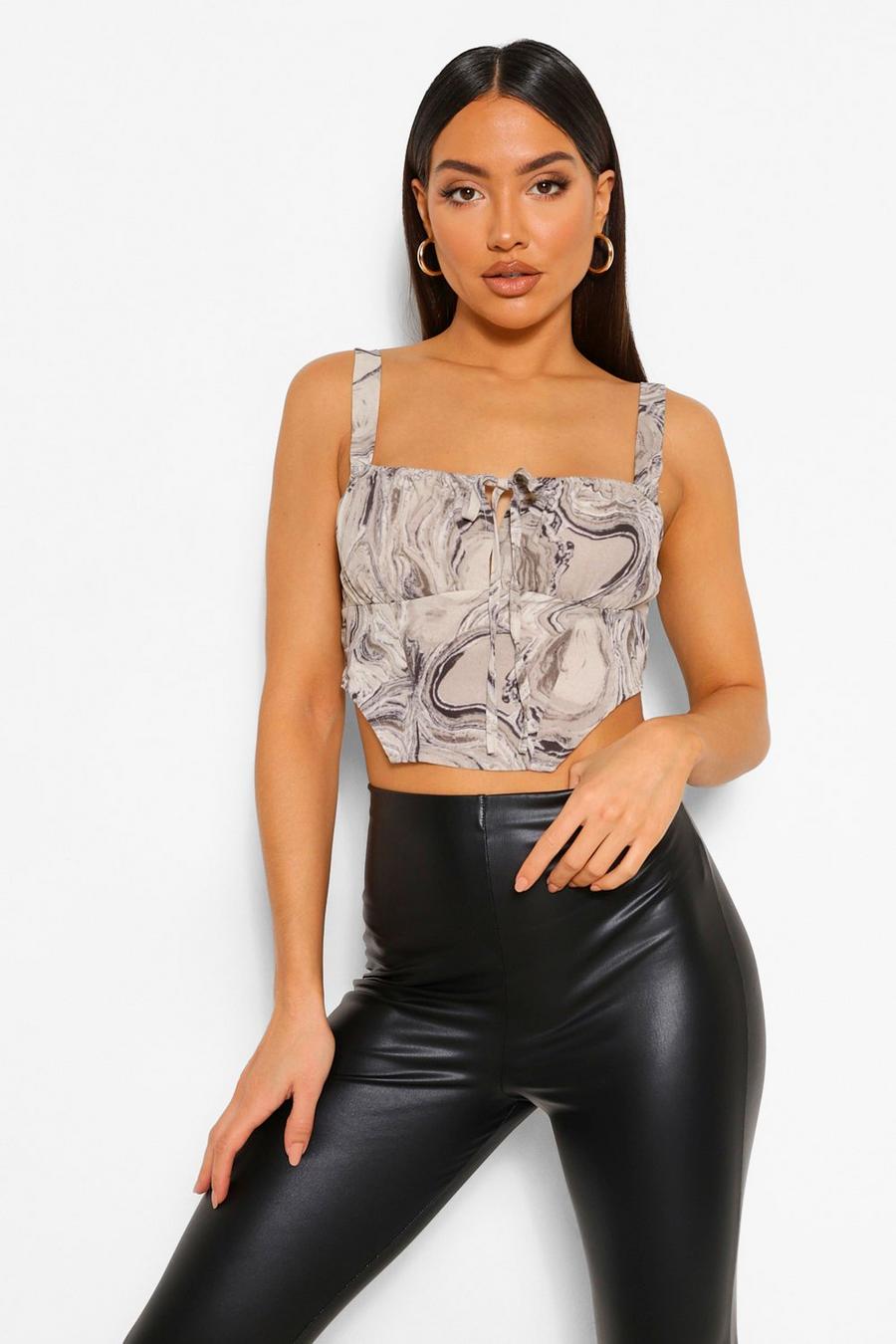 Black Marble Print Ruched Bust Chiffon Top image number 1