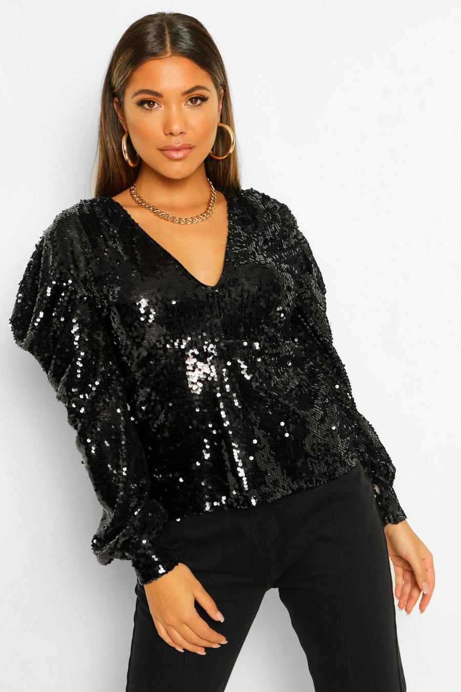 Black Sequin Puff Sleeve Top image number 1