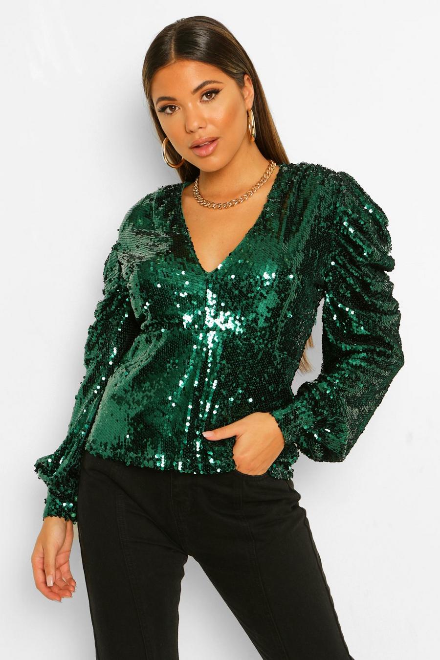 Emerald Sequin Puff Sleeve Top image number 1