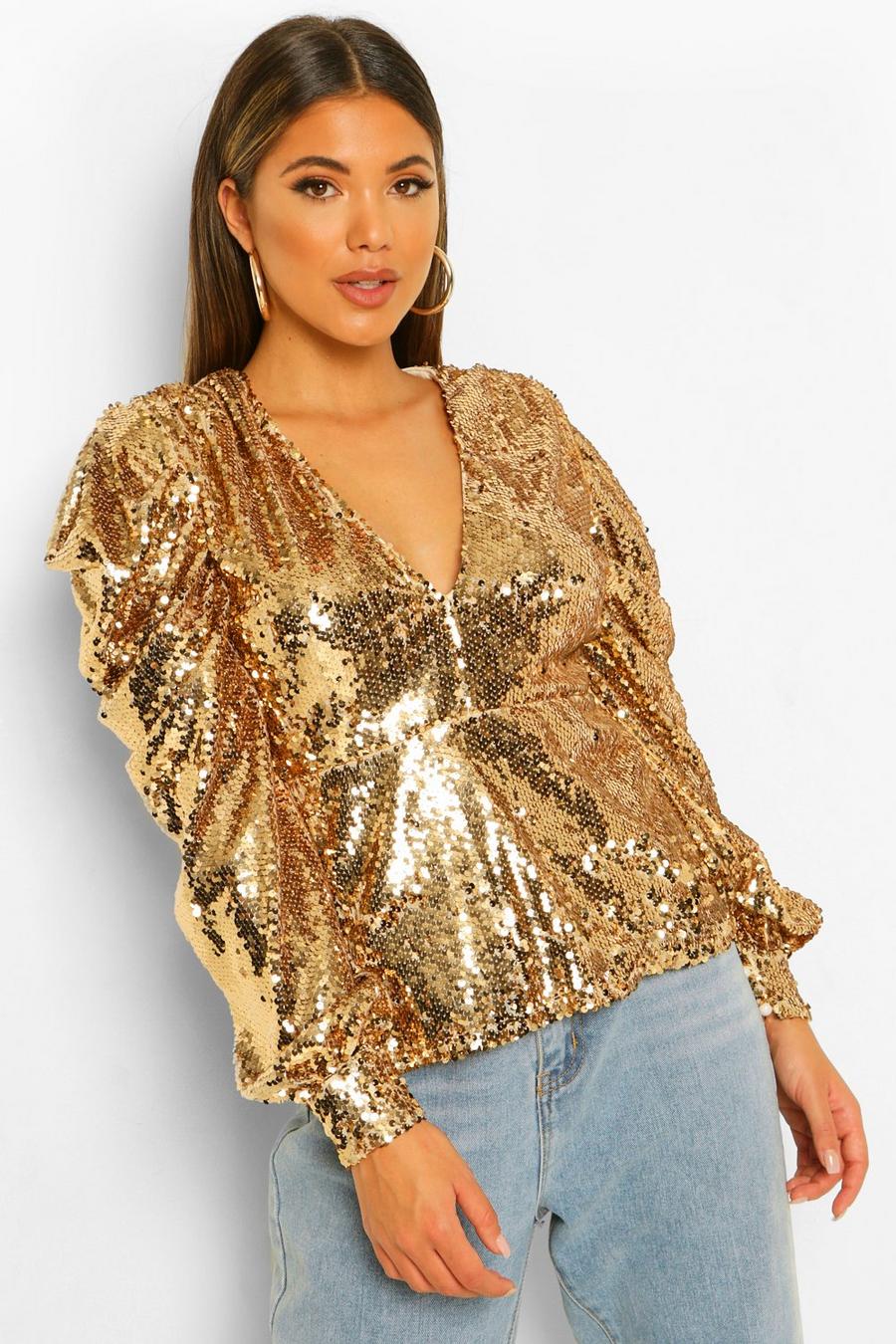Gold Sequin Puff Sleeve Top image number 1