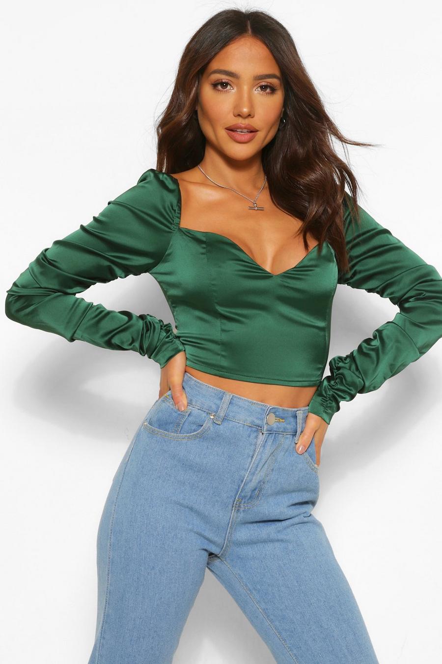 Emerald Satin Ruched Sweatheart Neck Top image number 1