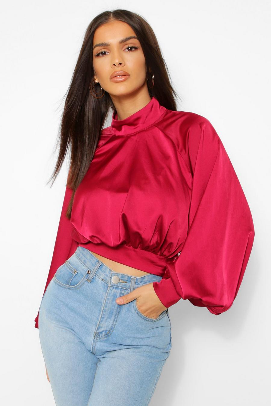 Berry Satin Balloon Sleeve High Neck Top image number 1