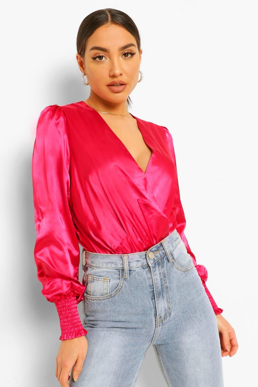 Hot pink Satin Shirred Cuff Wrap Bodysuit image number 1