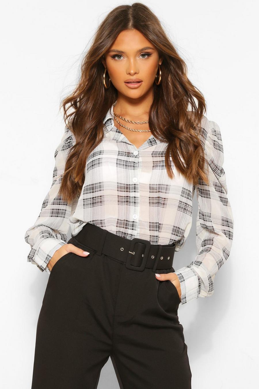 Stone Woven Check Puff Sleeve Shirt image number 1
