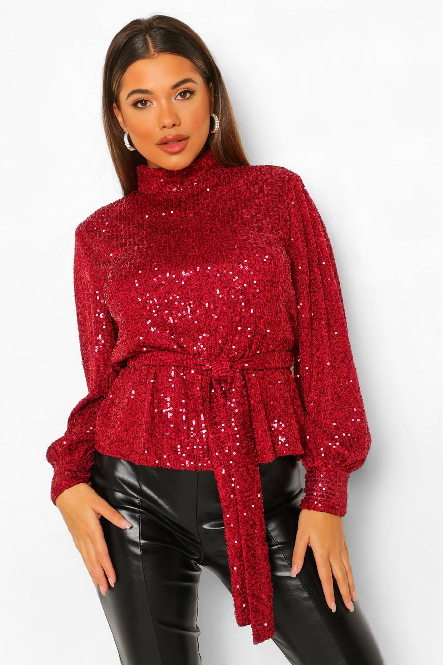 Berry Sequin High Neck Belted Top image number 1