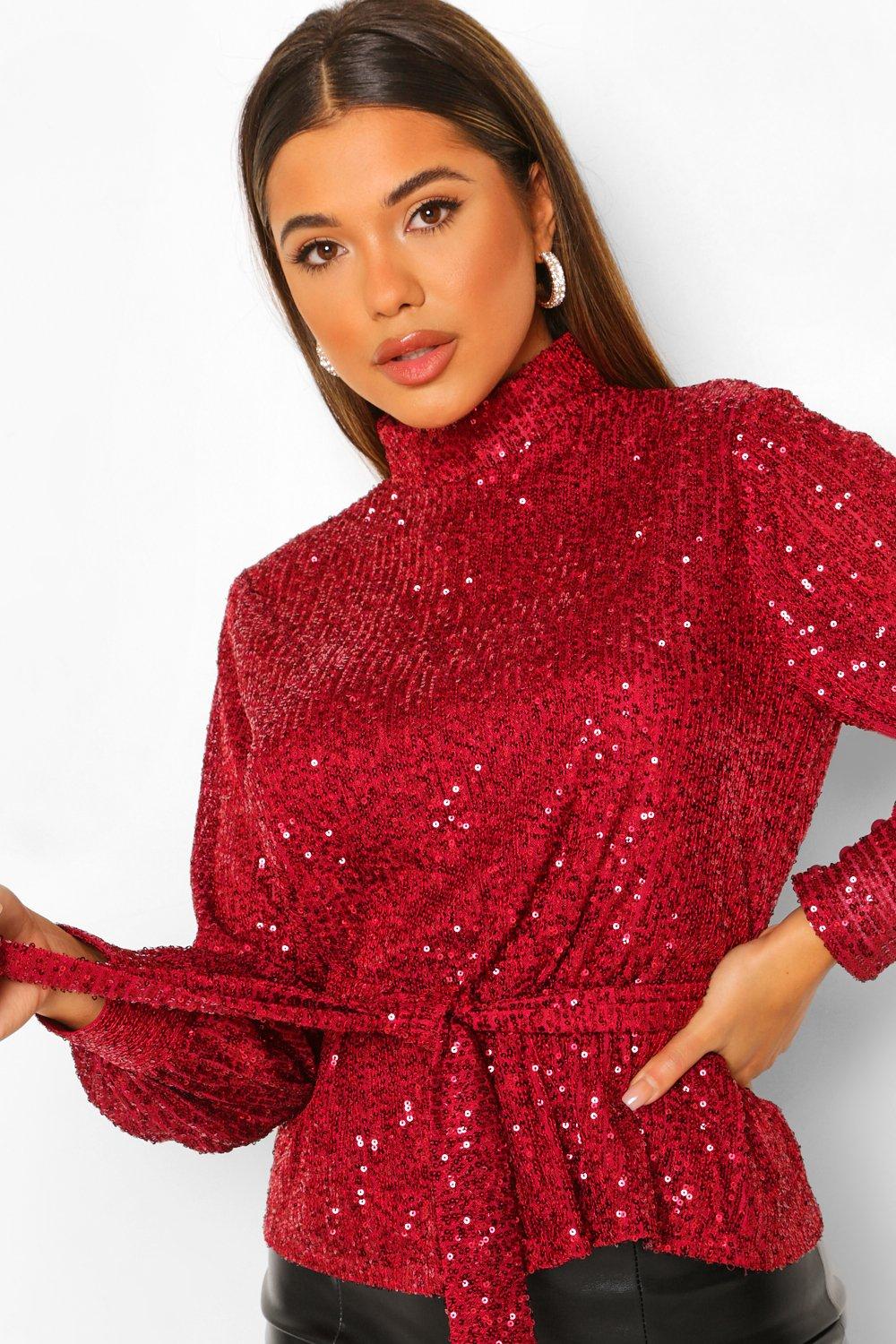 Red Sequin High Neck Belted Top