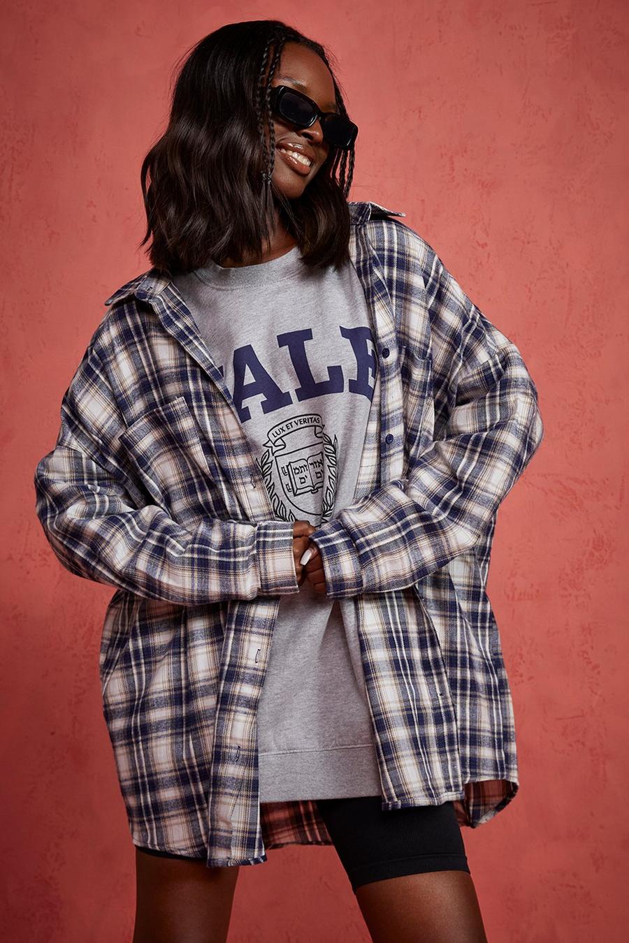 Navy Oversized Checked Shirt image number 1