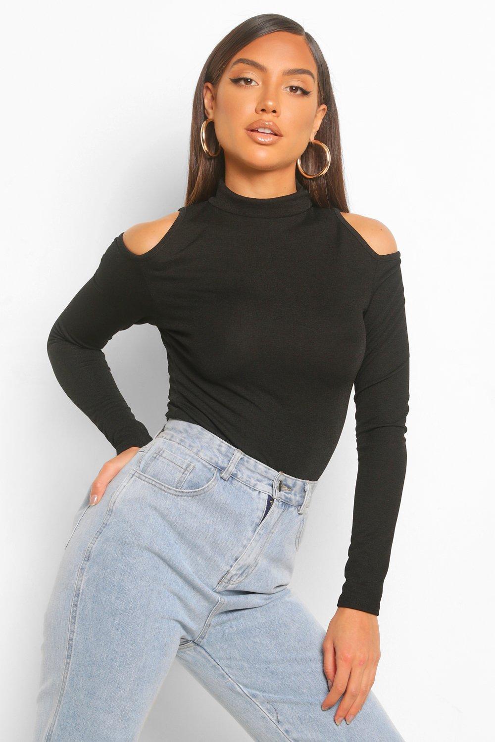 black high neck cold shoulder top