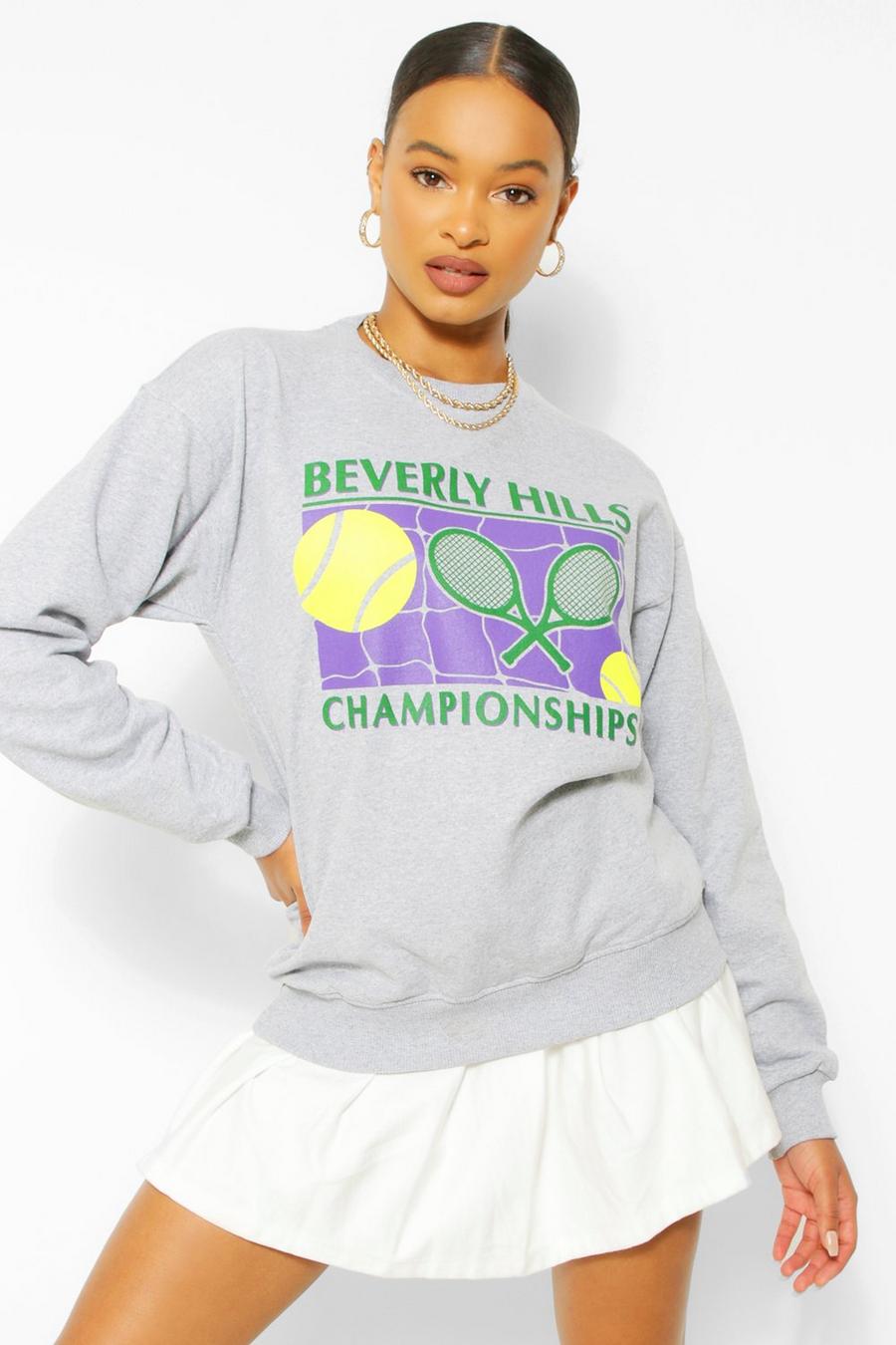Grey marl "Beverly Hills" Sweatshirt med tennis-motiv image number 1