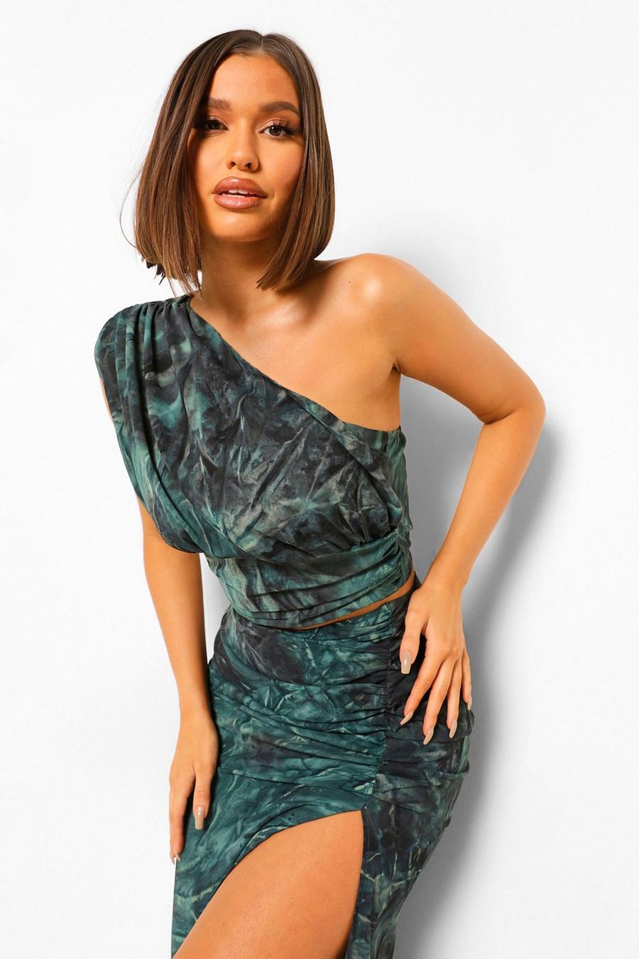Green Tie Dye One Shoulder Ruched Top image number 1