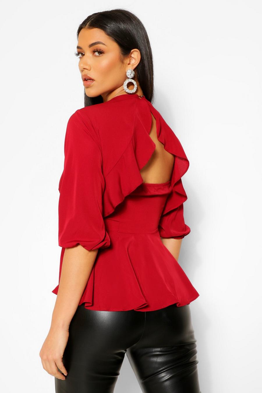 Berry Woven Open Frill Back Peplum Top image number 1