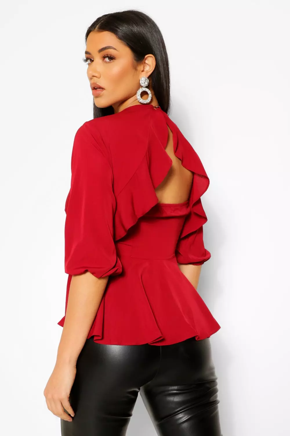 Woven Open Frill Back Peplum Top