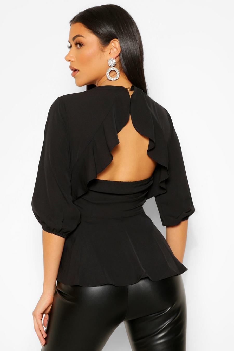 Black Woven Open Frill Back Peplum Top image number 1