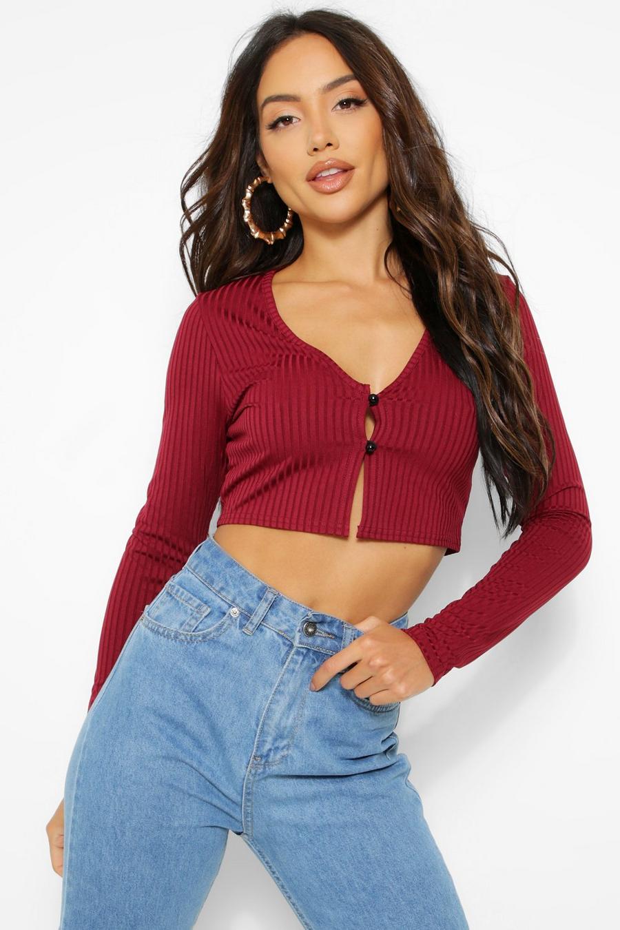 Berry Ribbed Button Long Sleeved Crop Top image number 1