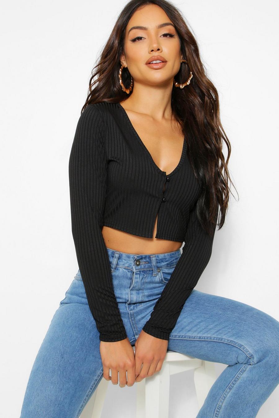 Black Ribbed Button Long Sleeved Crop Top image number 1